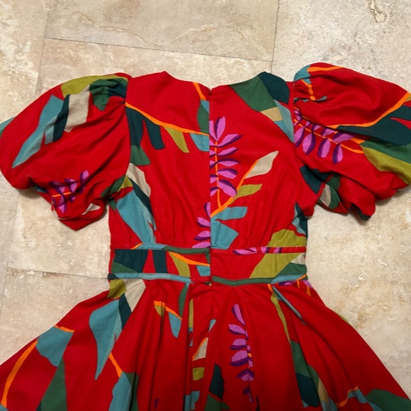 House of Harlow 1960 Linen Blend Red Floral Puff Sleeves Dress,  Size 6 - Picture 9 of 16